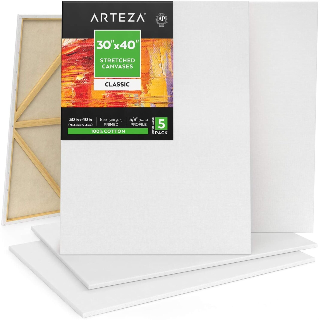Arteza Stretched Canvas Value Pack, Classic, 30" x 40", Blank Canvas Boards for Painting - 5 Pack